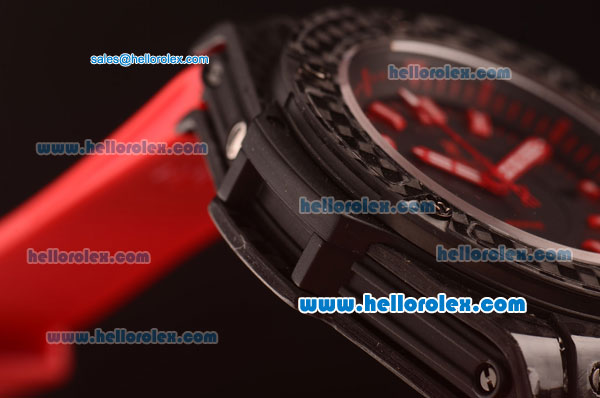 Hublot King Power Swiss ETA 2836 Automatic Carbon Fiber Case with Black Dial and Red Rubber Strap - Click Image to Close
