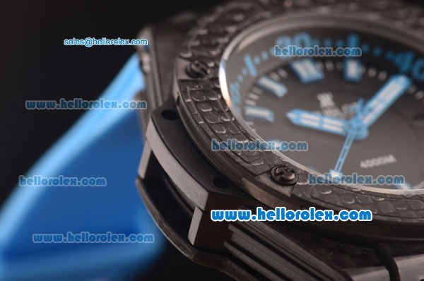 Hublot King Power Swiss ETA 2836 Automatic Carbon Fiber Case with Black Dial and Blue Rubber Strap - Click Image to Close