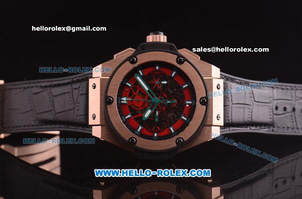 Hublot King Power Swiss Valjoux 7750 Automatic Rose Gold Case with Red Skeleton Dial and Black Leather Strap - Click Image to Close