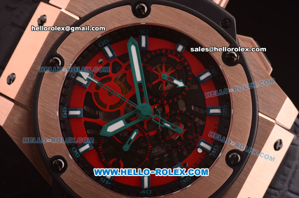 Hublot King Power Swiss Valjoux 7750 Automatic Rose Gold Case with Red Skeleton Dial and Black Leather Strap - Click Image to Close