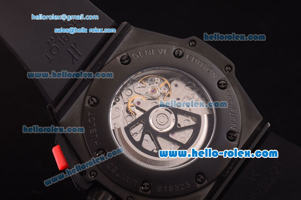Hublot Big Bang Manchester United Swiss Valjoux 7750 Automatic Full PVD Case with Skeleton Dial and Black Rubber Strap-Yellow Markers - Click Image to Close