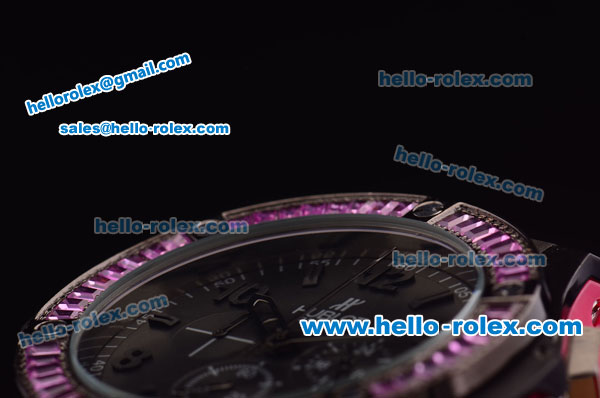 Hublot Big Bang Diamond Bezel Chronograph Quartz PVD Case with Black Dial and Pink Rubber Strap - Click Image to Close