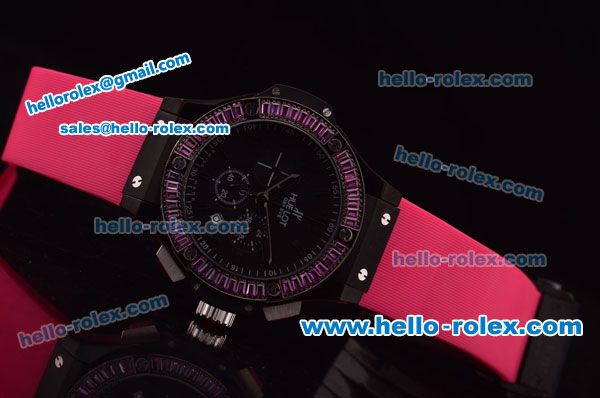 Hublot Big Bang Diamond Bezel Chronograph Quartz PVD Case with Black Dial and Pink Rubber Strap - Click Image to Close