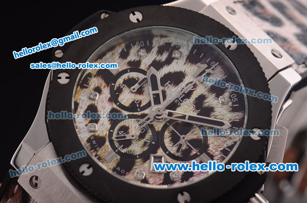 Hublot Big Bang Diamond Bezel Chronograph Quartz Steel Case with PVD Bezel and Leopard Dial-Leopard Rubber Strap - Click Image to Close
