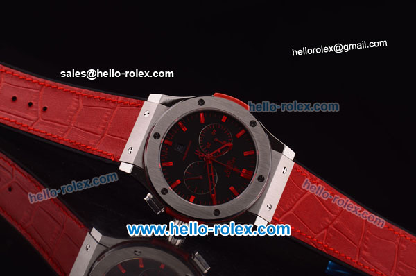 Hublot Classic Fusion Chronograph Miyota OS20 Quartz Steel Case with Black Dial and Red Rubber Strap - Click Image to Close