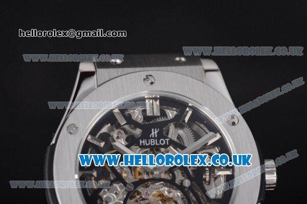 Hublot Classic Fusion Skeleton Asia Automatic Steel Case with Skeleton Dial and Black Leather Strap - Click Image to Close