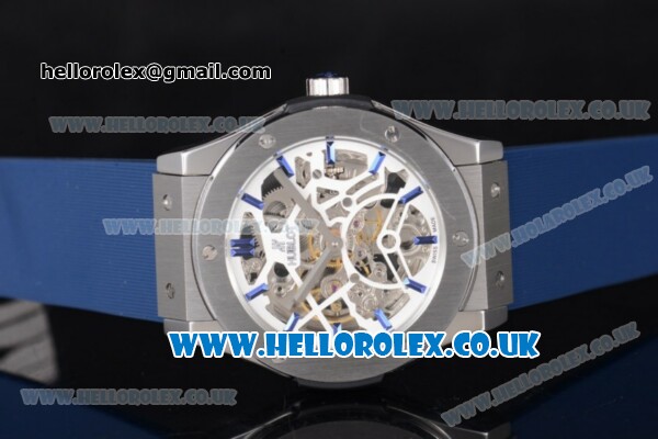 Hublot Classic Fusion Skeleton Asia Automatic Steel Case with Skeleton Dial and Blue Rubber Strap - Click Image to Close