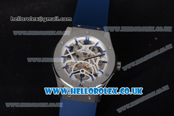 Hublot Classic Fusion Skeleton Asia Automatic Steel Case with Skeleton Dial and Blue Rubber Strap - Click Image to Close
