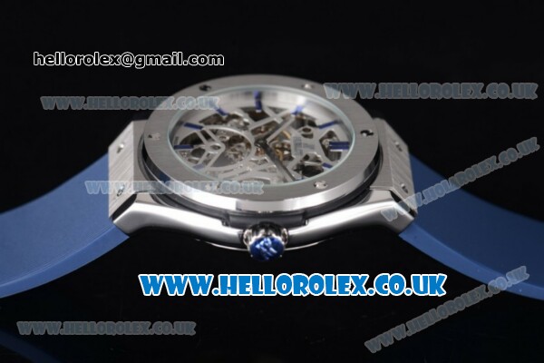 Hublot Classic Fusion Skeleton Asia Automatic Steel Case with Skeleton Dial and Blue Rubber Strap - Click Image to Close
