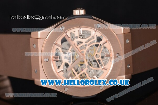 Hublot Classic Fusion Skeleton Asia Automatic Rose Gold Case with Skeleton Dial and Brown Rubber Strap - Click Image to Close