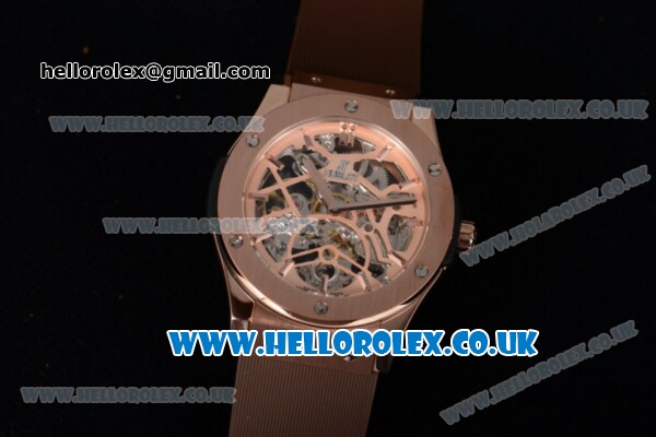 Hublot Classic Fusion Skeleton Asia Automatic Rose Gold Case with Skeleton Dial and Brown Rubber Strap - Click Image to Close