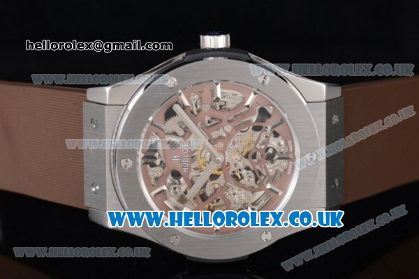 Hublot Classic Fusion Skeleton Asia Automatic Steel Case with Skeleton Dial and Brown Rubber Strap - Click Image to Close