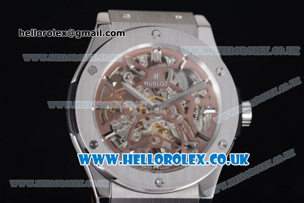 Hublot Classic Fusion Skeleton Asia Automatic Steel Case with Skeleton Dial and Brown Rubber Strap - Click Image to Close