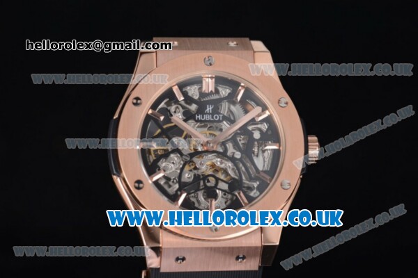 Hublot Classic Fusion Skeleton Asia Automatic Rose Gold Case with Skeleton Dial and Black Rubber Strap - Click Image to Close
