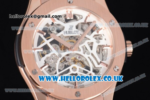 Hublot Classic Fusion Skeleton Asia Automatic Rose Gold Case with Skeleton Dial and Black Leather Strap - Click Image to Close