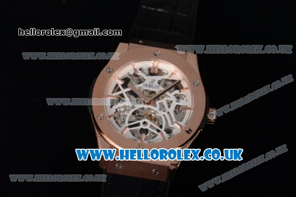 Hublot Classic Fusion Skeleton Asia Automatic Rose Gold Case with Skeleton Dial and Black Leather Strap - Click Image to Close