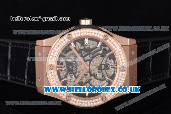 Hublot Classic Fusion Skeleton Asia Automatic Rose Gold Case with Skeleton Dial Diamonds Bezel and Black Leather Strap - Click Image to Close