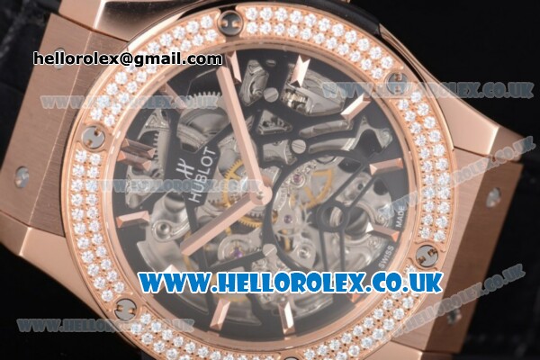 Hublot Classic Fusion Skeleton Asia Automatic Rose Gold Case with Skeleton Dial Diamonds Bezel and Black Leather Strap - Click Image to Close