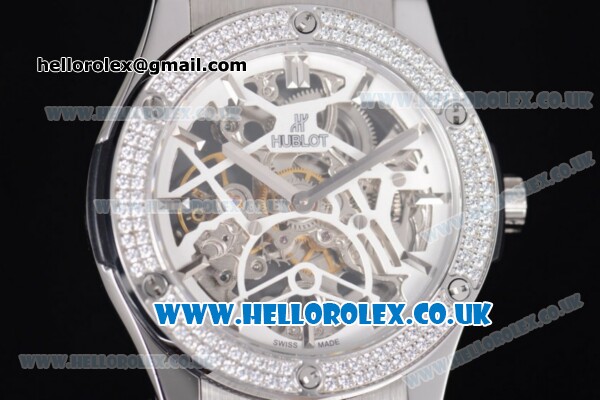 Hublot Classic Fusion Skeleton Asia Automatic Steel Case with Skeleton Dial Diamonds Bezel and Brown Leather Strap - Click Image to Close