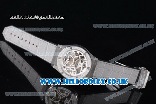 Hublot Classic Fusion Skeleton Asia Automatic Steel Case with Skeleton Dial Diamonds Bezel and Grey Leather Strap - Click Image to Close