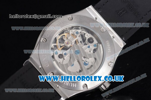 Hublot Classic Fusion Skeleton Asia Automatic Steel Case with Skeleton Dial Diamonds Bezel and Grey Leather Strap - Click Image to Close