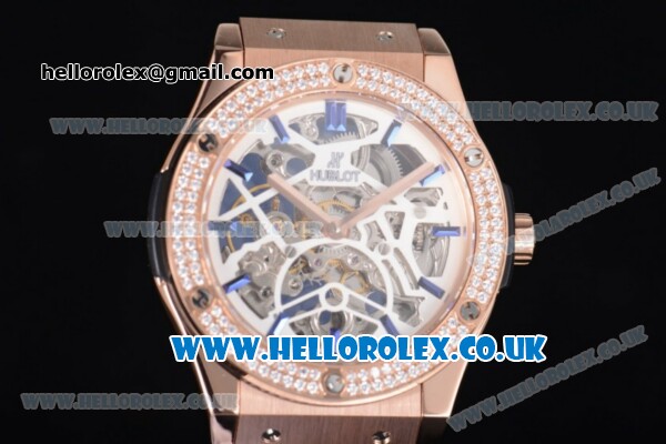 Hublot Classic Fusion Skeleton Asia Automatic Rose Gold Case with Skeleton Dial Diamonds Bezel and Blue Rubber Strap - Click Image to Close