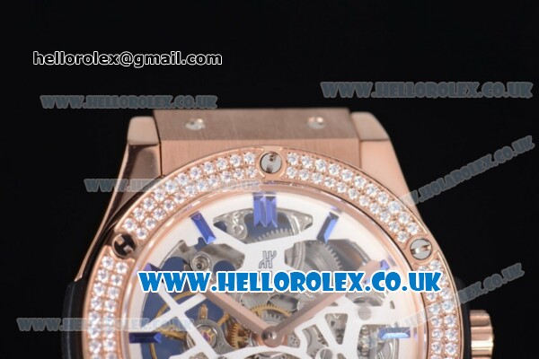 Hublot Classic Fusion Skeleton Asia Automatic Rose Gold Case with Skeleton Dial Diamonds Bezel and Blue Rubber Strap - Click Image to Close