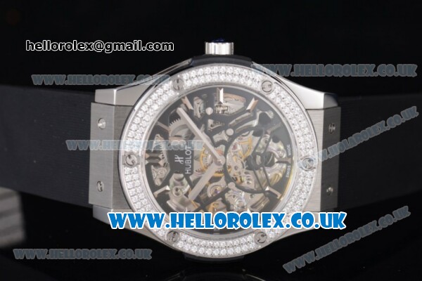 Hublot Classic Fusion Skeleton Asia Automatic Steel Case with Skeleton Dial Diamonds Bezel and Black Rubber Strap - Click Image to Close
