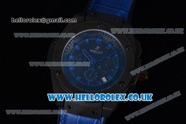 Hublot King Power Chrono Japanese Miyota OS20 Quartz PVD Case with Black Dial and Blue Leather Strap - Click Image to Close