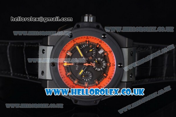 Hublot King Power Chrono Japanese Miyota OS20 Quartz PVD Case with Black Dial Orange Bezel and Black Leather Strap - Click Image to Close