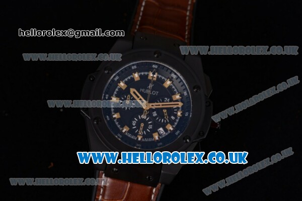 Hublot King Power Chrono Japanese Miyota OS20 Quartz PVD Case with Black Dial and Brown Leather Strap - Click Image to Close