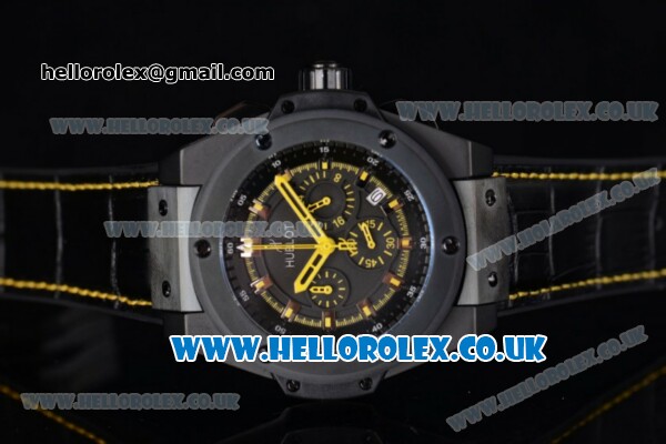 Hublot King Power Chrono Japanese Miyota OS20 Quartz PVD Case with Black Dial Yellow Second Hand and Black Leather Strap - Click Image to Close