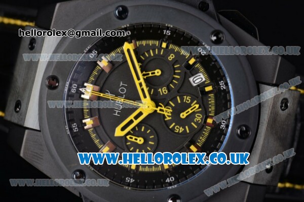 Hublot King Power Chrono Japanese Miyota OS20 Quartz PVD Case with Black Dial Yellow Second Hand and Black Leather Strap - Click Image to Close