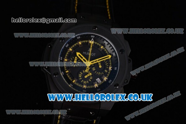 Hublot King Power Chrono Japanese Miyota OS20 Quartz PVD Case with Black Dial Yellow Second Hand and Black Leather Strap - Click Image to Close
