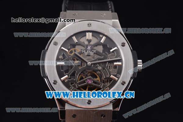 Hublot Classic Fusion Tourbillon Asia 3836 Automatic Steel Case with Skeleton Dial and Grey Leather Strap - Click Image to Close