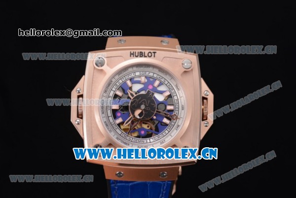 Hublot Masterpiece MP 08 Antikythera Sunmoon Asia 2813 Automatic Rose Gold Case Skeleton Dial Stick Markers and Blue Leather Strap - Click Image to Close
