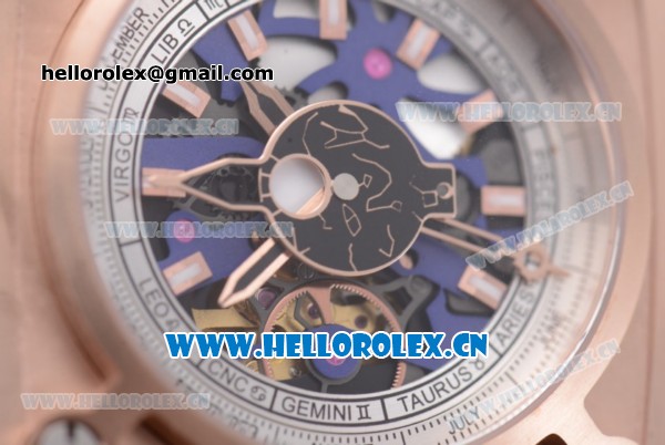 Hublot Masterpiece MP 08 Antikythera Sunmoon Asia 2813 Automatic Rose Gold Case Skeleton Dial Stick Markers and Blue Leather Strap - Click Image to Close