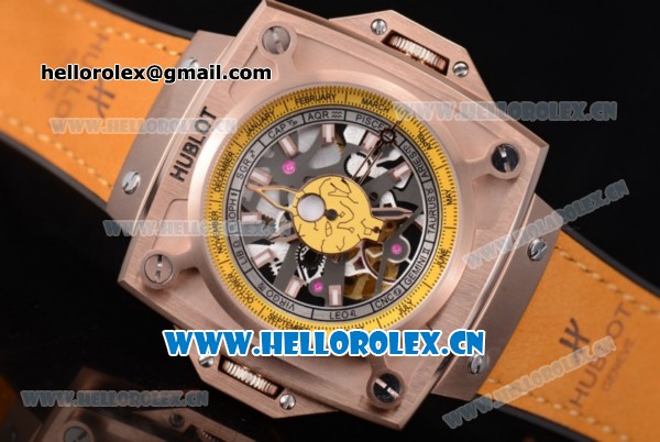 Hublot Masterpiece MP 08 Antikythera Sunmoon Asia 2813 Automatic Rose Gold Case Skeleton Dial Stick Markers and Yellow Leather Strap - Click Image to Close