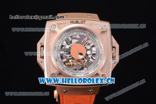 Hublot Masterpiece MP 08 Antikythera Sunmoon Asia 2813 Automatic Rose Gold Case Skeleton Dial Stick Markers and Orange Leather Strap - Click Image to Close