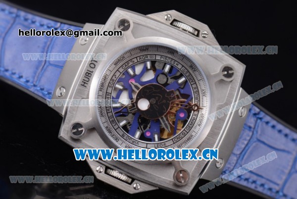 Hublot Masterpiece MP 08 Antikythera Sunmoon Asia 2813 Automatic Steel Case Skeleton Dial Blue Leather Strap and Stick Markers - Click Image to Close