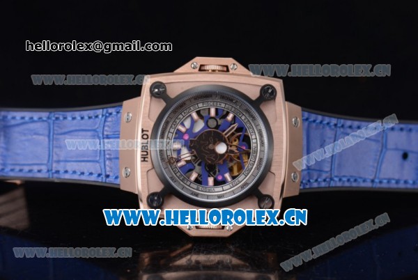 Hublot Masterpiece MP 08 Antikythera Sunmoon Asia 2813 Automatic Rose Gold Case Skeleton Dial Blue Leather Strap and White/Rose Gold Markers - Click Image to Close