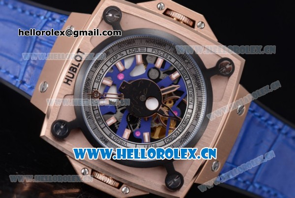 Hublot Masterpiece MP 08 Antikythera Sunmoon Asia 2813 Automatic Rose Gold Case Skeleton Dial Blue Leather Strap and White/Rose Gold Markers - Click Image to Close