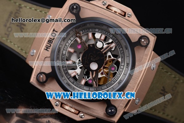 Hublot Masterpiece MP 08 Antikythera Sunmoon Asia 2813 Automatic Rose Gold Case Skeleton Dial and Army Green Leather Strap - Click Image to Close