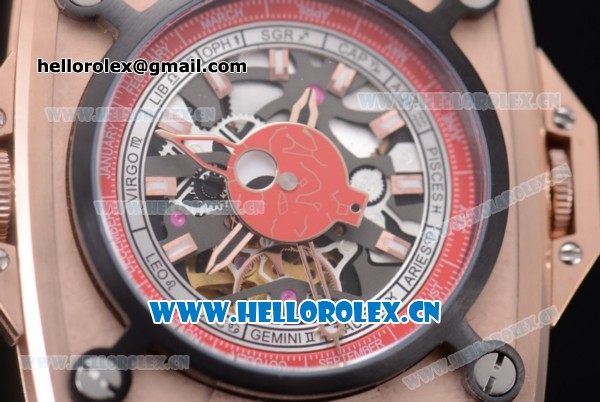 Hublot Masterpiece MP 08 Antikythera Sunmoon Asia 2813 Automatic Rose Gold Case Skeleton Dial Red Inner Bezel and Red Leather Strap - Click Image to Close