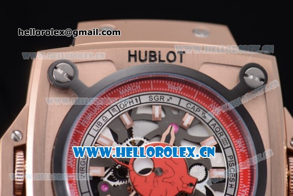 Hublot Masterpiece MP 08 Antikythera Sunmoon Asia 2813 Automatic Rose Gold Case Skeleton Dial Red Inner Bezel and Red Leather Strap - Click Image to Close