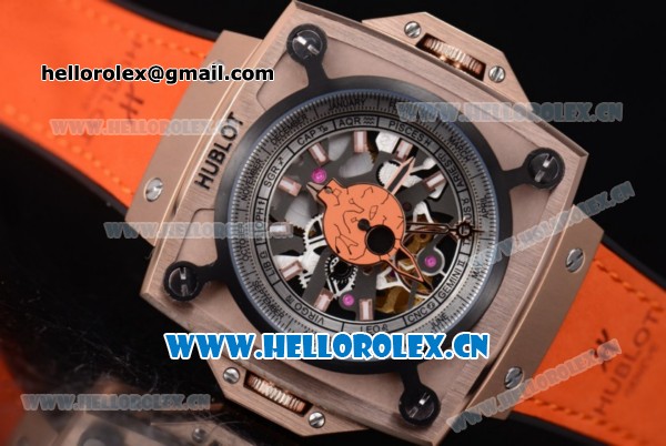 Hublot Masterpiece MP 08 Antikythera Sunmoon Asia 2813 Automatic Rose Gold Case Skeleton Dial and Orange Leather Strap - Click Image to Close