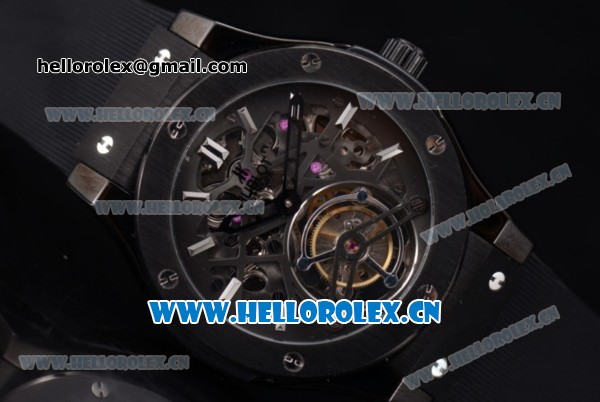 Hublot Classic Fusion Tourbillon Swiss Tourbillon Manual Winding PVD Case with Skeleton Dial Black Rubber Strap and Stick Markers (GF) - Click Image to Close