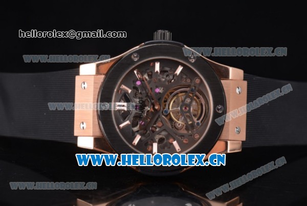 Hublot Classic Fusion Tourbillon Swiss Tourbillon Manual Winding Rose Gold Case with Skeleton Dial Black Rubber Strap and Stick Markers (GF) - Click Image to Close