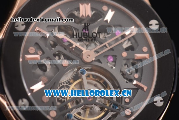Hublot Classic Fusion Tourbillon Swiss Tourbillon Manual Winding Rose Gold Case with Skeleton Dial Black Rubber Strap and Stick Markers (GF) - Click Image to Close
