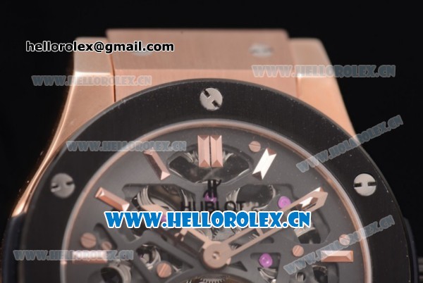 Hublot Classic Fusion Tourbillon Swiss Tourbillon Manual Winding Rose Gold Case with Skeleton Dial Black Rubber Strap and Stick Markers (GF) - Click Image to Close